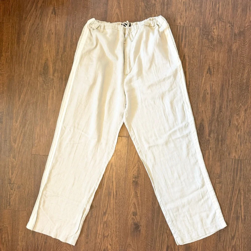 Lord & Taylor Linen Beige Wide Leg Stretch White Stripe Drawstring Pants Women L